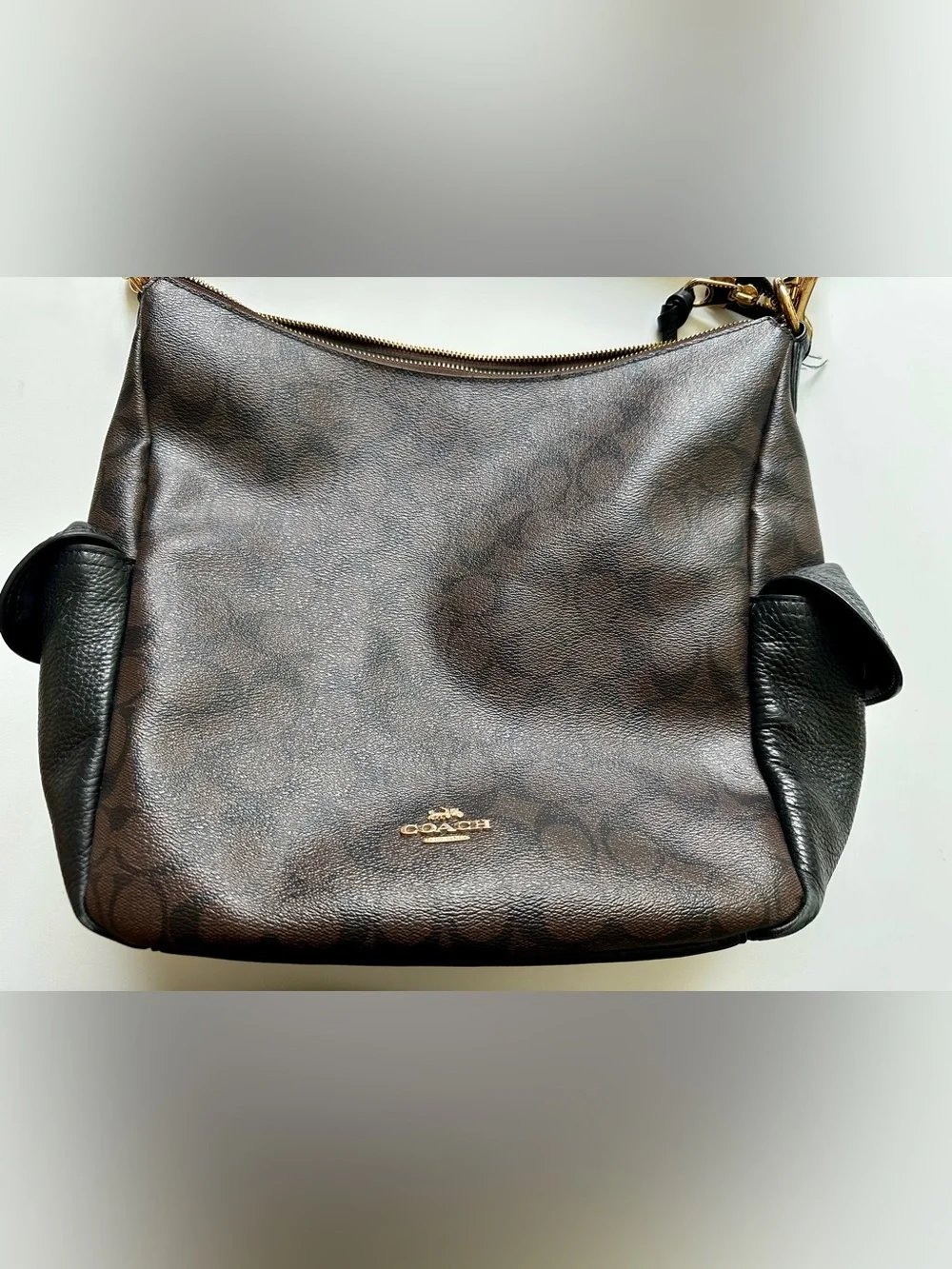 Coach Pennie C1523 Signature Canvas Brown Black Leather Shoulder Crossbody Bag